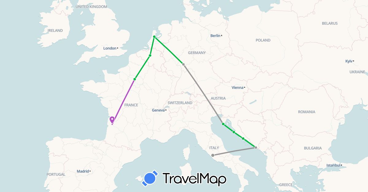 TravelMap itinerary: bus, plane, train in Belgium, Germany, France, Croatia, Italy, Netherlands (Europe)